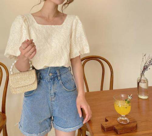 棉布刺绣泡袖上衣，女装，新袖