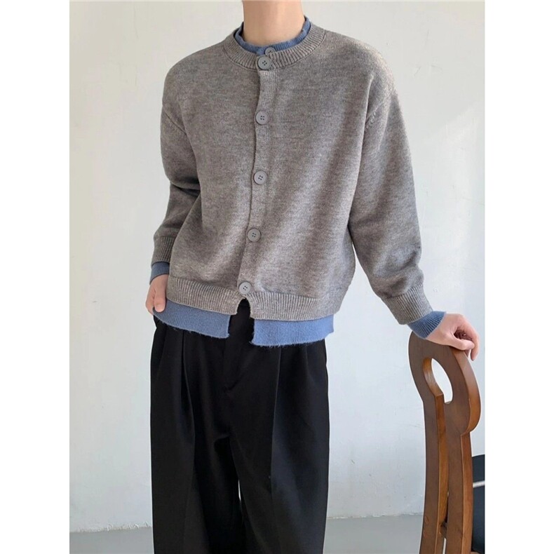 假两件高级感圆领针织开衫秋冬季纯色休闲百搭毛衣外套SWX22，男装针织衫/毛衣，星座516A