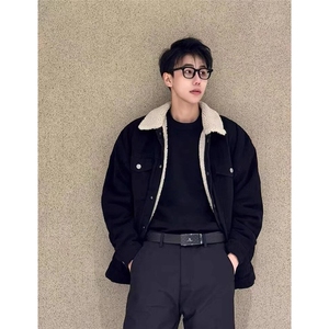 黑色羊羔绒工装牛仔外套男冬季美式加厚保暖棉服潮牌短款翻领夹克图片