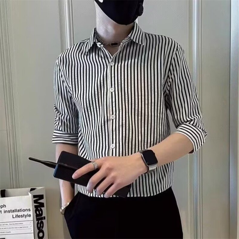 夏季韩版百搭ins条纹七分袖衬衫男士修身休闲发型师中袖免烫衬衣,男装衬衫,星座506A