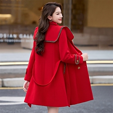 红色毛呢外套女中长款2024年春秋新款收腰显瘦结婚敬酒服呢子大衣，女装毛呢外套，美静678