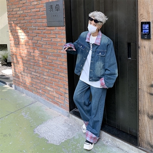 男格子小众复古水洗牛仔套装宽松夹克外套阔腿裤两件套TZ32-P110