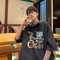 量大优！供视频240克重磅美式炒雪花水洗做旧短袖T恤，男装T恤，电商B367