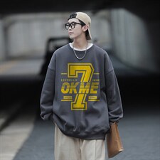 潮流大印花设计宽松圆领卫衣Y129常规版P38加绒版P58咖色，男装卫衣，电商B219