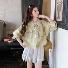 2B081-7706-p160-K238韩系条纹针织披肩长袖牛仔上衣2026春季新款，女装短外套，韩蜜菓