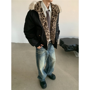 豹纹连帽座山雕毛领棉服男女冬季宽松美式情侣外套MF5036-P105图片