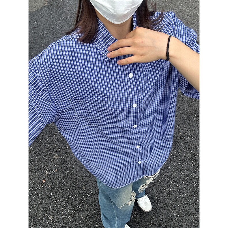 格子衬衫春夏美式短袖衬衫港风情侣装休闲衬衣CS286-P30,男装衬衫,星座301C-5