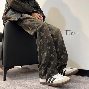 蝴蝶提花满印牛仔裤男款直筒痞帅裤子美式高街微喇长裤RK2429-P45图片
