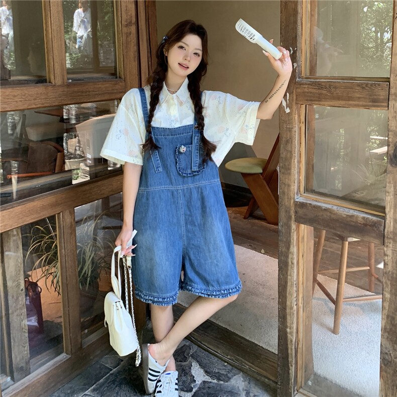 韩系小清新休闲牛仔背带裤套装女夏新款学院风减龄印花衬衫两件套,女装套装/套裙,2C120