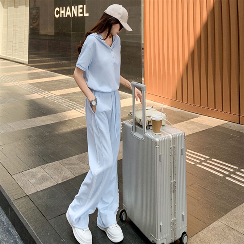 韩版时尚休闲运动套装女夏季新款蕾丝拼接连帽卫衣阔腿裤两件套潮,女装套装/套裙,2C310