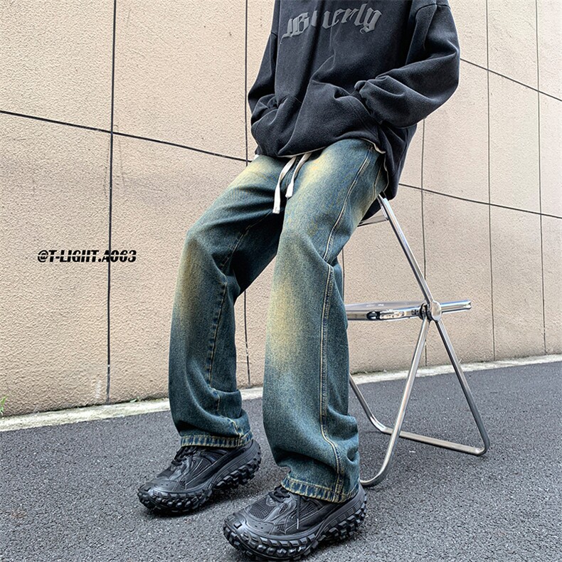 美式ins高街hiphop抽绳松紧腰重工业水洗牛仔裤货号K2330P45控68,男装牛仔裤,电商A063