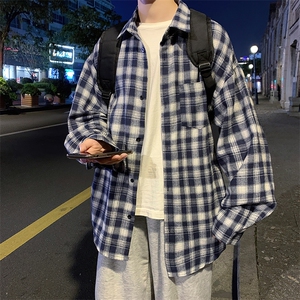 秋装港风日系复古工装格子衬衫长袖潮宽松百搭衬衣休闲 H216/P45图片