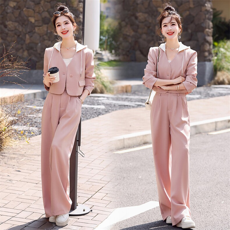 粉色休闲西装套装女春秋气质御姐高级感2025新款时尚阔腿裤两件套，女装套装/套裙，意芙
