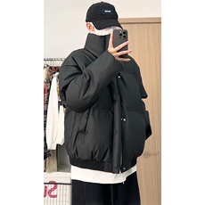 现货5W件冬季三防重磅硬挺boxy短款羽绒立领PU皮棉衣外套加厚棉服，男装棉衣，电商A486-1