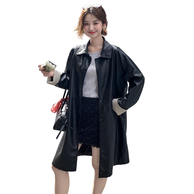 黑色韩里韩气ins风长款皮衣外套女2025秋季新款条纹拼接pu皮夹克,女装皮衣,2C291
