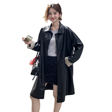 黑色韩里韩气ins风长款皮衣外套女2025秋季新款条纹拼接pu皮夹克，女装皮衣，2C291