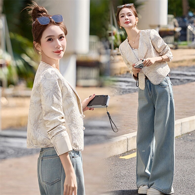 小香风提花短款西装外套女新款气质修身显瘦盘扣外搭上衣，女装短外套，芭米依尚