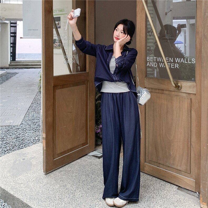 时髦松弛感牛仔蓝套装女2025秋季休闲风衬衫阔腿裤条纹背心三件套,女装套装/套裙,2C057