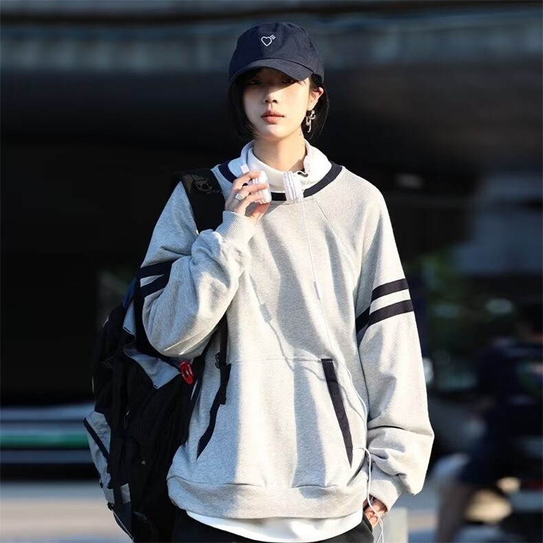 港风春款男女圆领套头卫衣条纹撞色宽松休闲外套WY033P45，女装短外套，星座1013-1