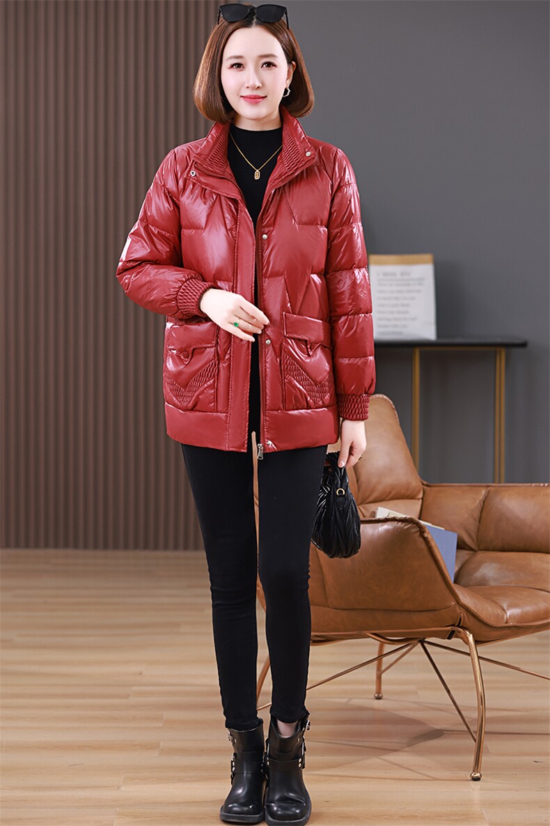 红色洋气减龄羽绒棉服女2024冬新款中年妈妈时尚立领加厚保暖棉袄,女装棉衣/棉服,婷思杰（原婷想服饰）