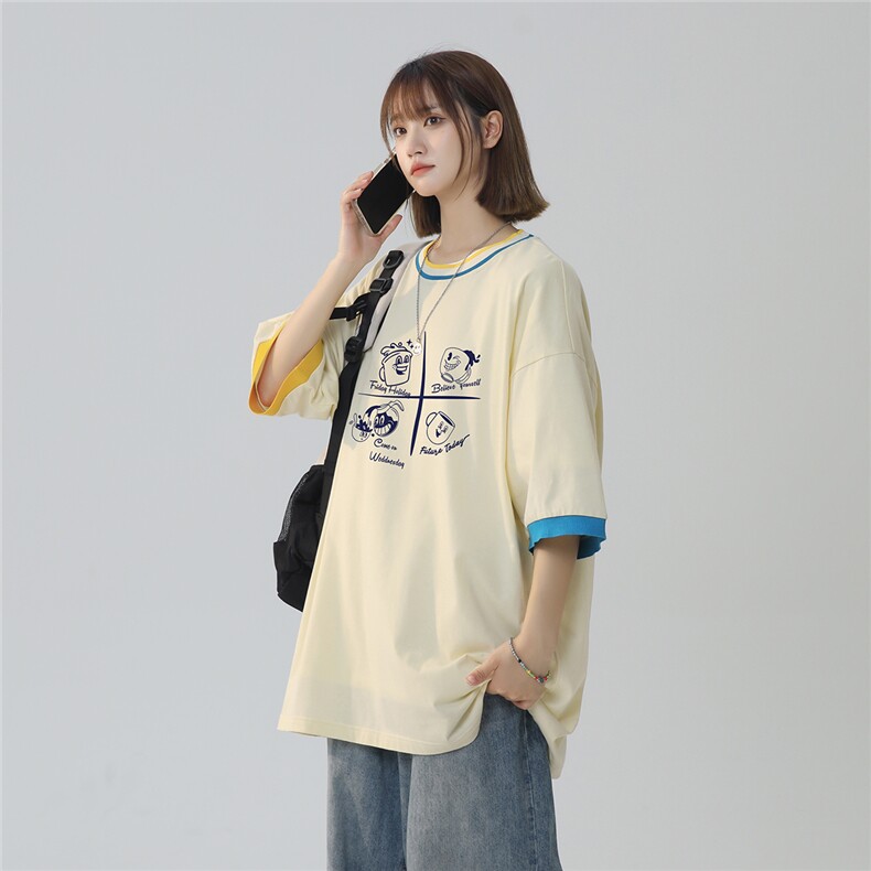 2025夏季新拼色卡通图案印花宽松圆领短袖T恤T1037/P45控59-100棉,男装T恤,电商A148-1