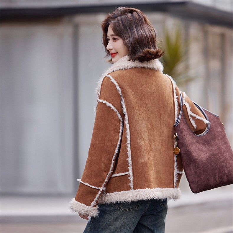 加绒皮毛一体羊羔毛外套女2024冬季新款小个子加厚保暖麂皮绒棉服,女装短外套,慧尚依恋