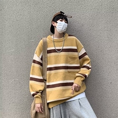 条纹撞色毛衣男秋冬港风复古宽松重磅圆领针织衫美式M7115-P45，男装针织衫/毛衣，星座1109-3