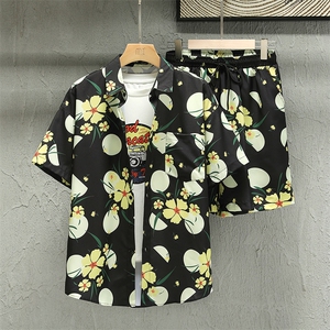 夏季青年花色印花衬衫套装男士多色宽松短裤套装TZ008-P45-控价79图片