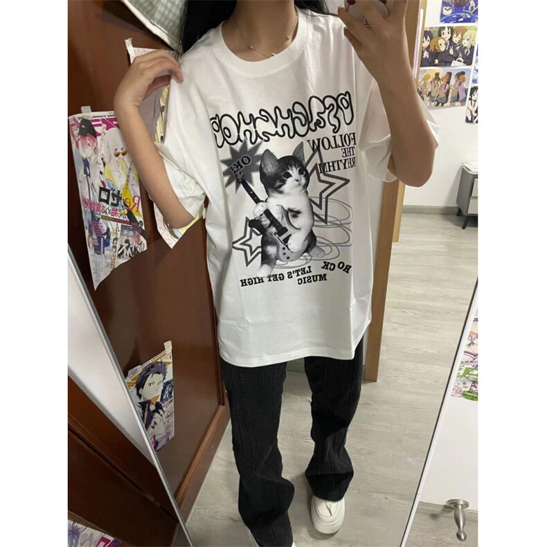 T0676-P30复古乐队猫咪纯棉印花短袖男女款情侣学院风上衣,男装T恤,星座617A-2
