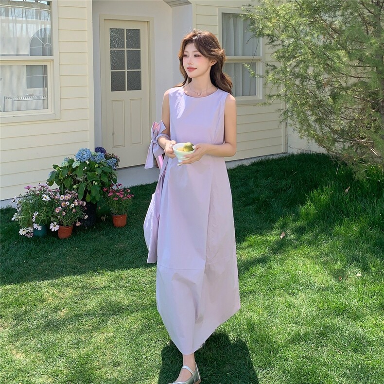 法式气质无袖紫色连衣裙女夏2025新款绝美大方得体流行超好看长裙,女装连衣裙,2C216