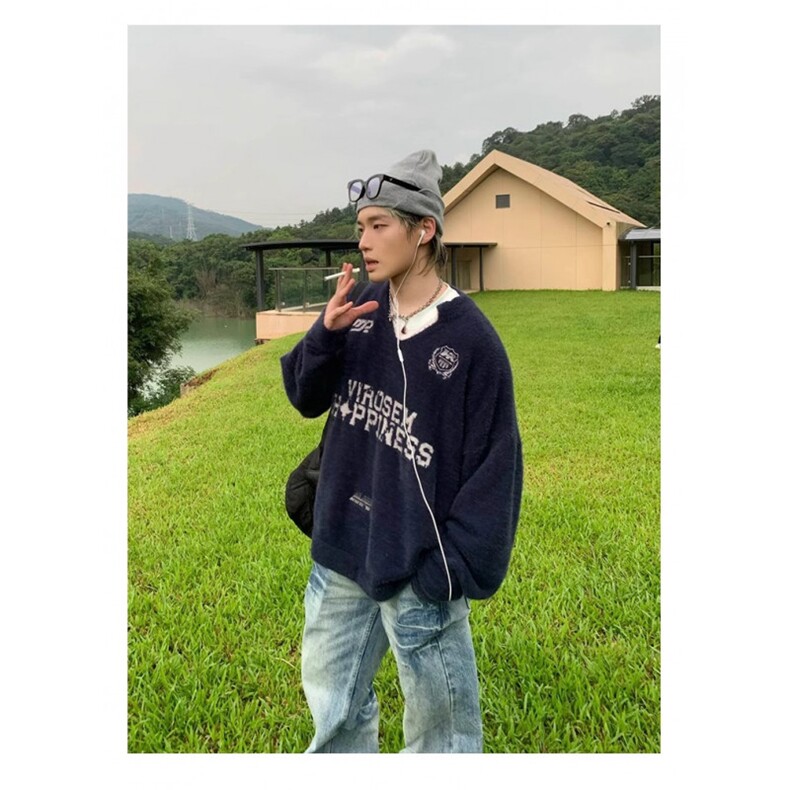 街客美式复古V领球服运动毛衣男慵懒高级感学院风针织衫外套春秋,男装针织衫/毛衣,四季星座505