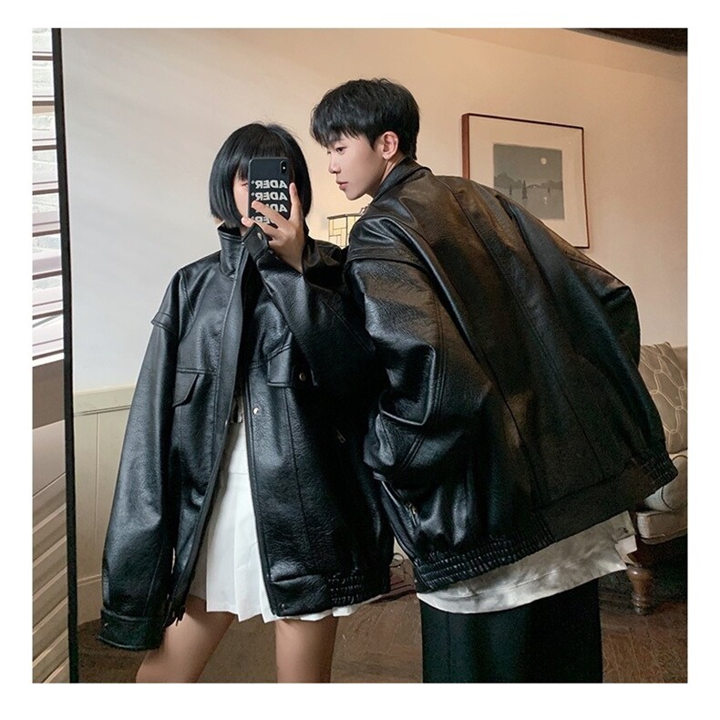J516-P662025复古假两件皮衣夹克男士短款宽松翻领机车服外套,男装皮衣,电商B323A