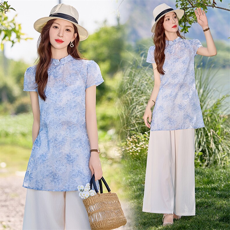 新中式国风套装女2025夏季新款高级感巨好看盘扣上衣阔腿裤两件套，女装套装/套裙，魅影