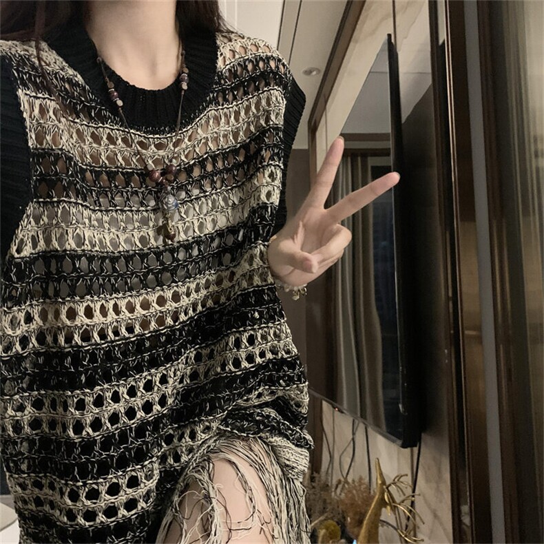 缕空针织吊带背心女2025年夏季法式高级感小众外搭中长款无袖马甲，女装连衣裙，星座506A