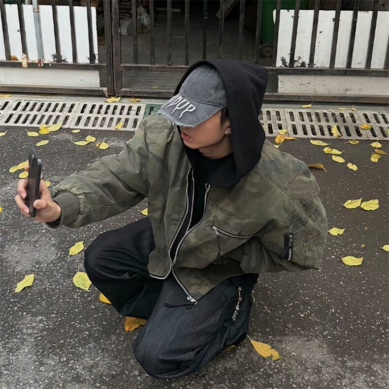 迷彩假两件连帽棉服男冬季美式高街飞行员棉衣外套潮牌短款棒球服,男装夹克,星座506A