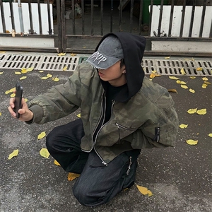 迷彩假两件连帽棉服男冬季美式高街飞行员棉衣外套潮牌短款棒球服图片