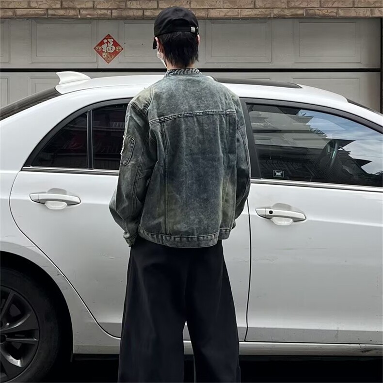 复古做旧扎染立领刺绣机车垫肩夹克牛仔外套男914-4-N1232P75,男装工装外套,星座914-4