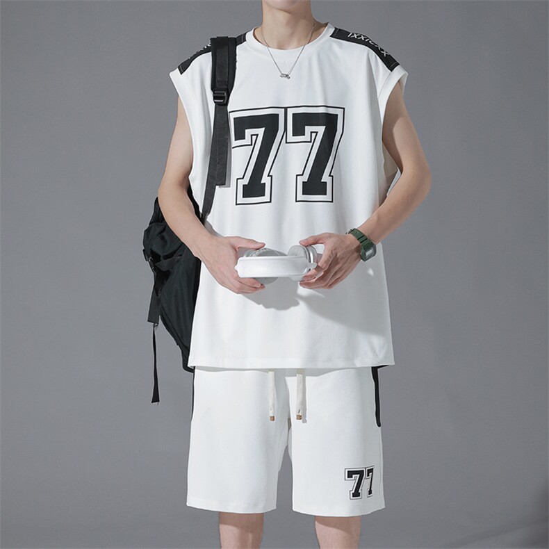 特批P55无差价夏季冰丝垂感字母印花坎肩宽松大码背心短裤男TZ313,男装休闲套装,电商A001