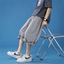K160P45蓝底冰丝港风休闲凉爽宽松七分裤纯色学生百搭抽绳夏装，男装休闲裤，电商A050