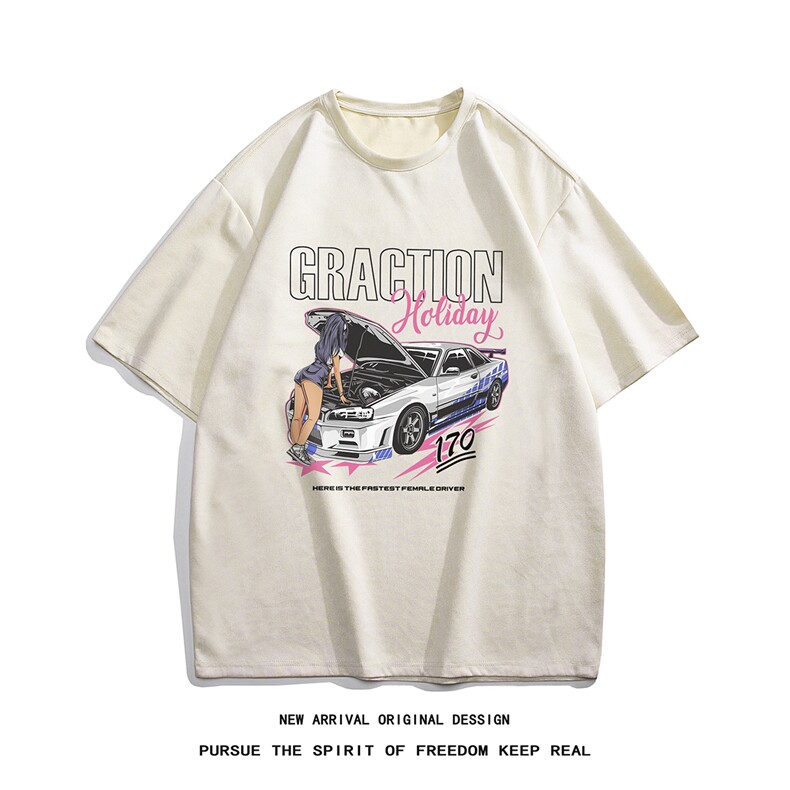 白底23新款夏季时尚百搭鹿皮绒卡通印花短袖T恤DT1109P30控48,男装T恤,电商A247-1