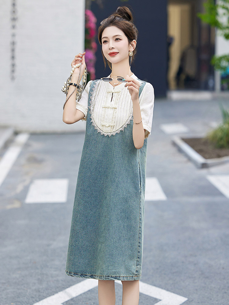 新中式牛仔连衣裙女2025夏季爆款小个子时尚宽松显瘦气质国风裙子,女装连衣裙,琦鑫阁（原依鑫阁）