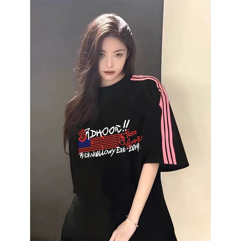 抖音得物品质二开240克宽松纯棉美式潮牌印花三条杠中性风短袖T恤,男装T恤,电商A486-1