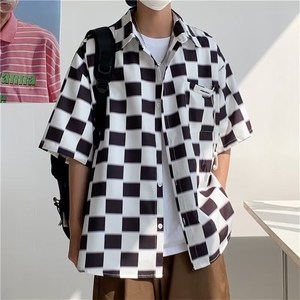 F183-P30 2024夏季新款棋盘格短袖衬衫男ins潮牌宽松半袖衬衣现货图片