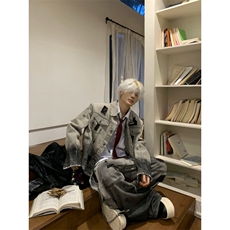 做旧渐变牛仔夹克套装休闲外套长裤JK8225特P83KZ1985特P63，男装休闲套装，星座908-1