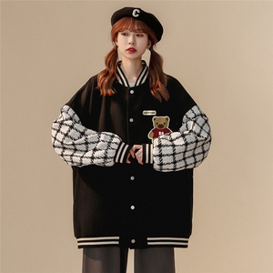 黑色主图好秋冬中性宽松呢料拼色夹克棒球服外套G6703P80控108