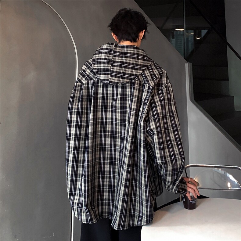 美式潮连帽衬衫格子衬衫上衣春季新款宽松慵懒风CS05-P65,男装衬衫,电商C307