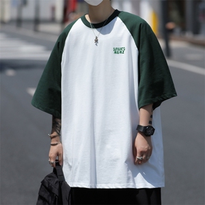 C277-P26 夏季潮流宽松拼接短袖日系少年感插肩袖t恤打底衫男图片