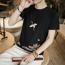 2021夏季新款男装中国风原创圆领仙鹤刺绣T恤复古金鹤短袖G62，男装T恤，电商B277(原6028)