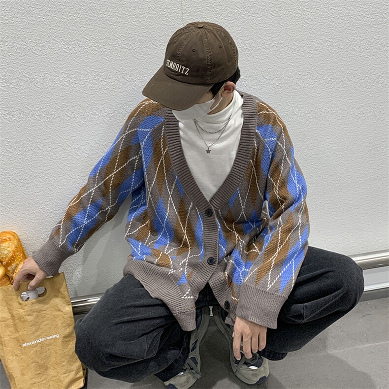 针织开衫男韩版潮流菱形格子2023秋冬季新款ins开衫毛衣W3905-P52,男装针织衫/毛衣,星座412-3