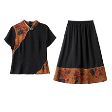 现货香云纱仿真丝套装女高端品牌2024夏季新款短袖印花高级减龄轻奢，女装连衣裙，韩然一族